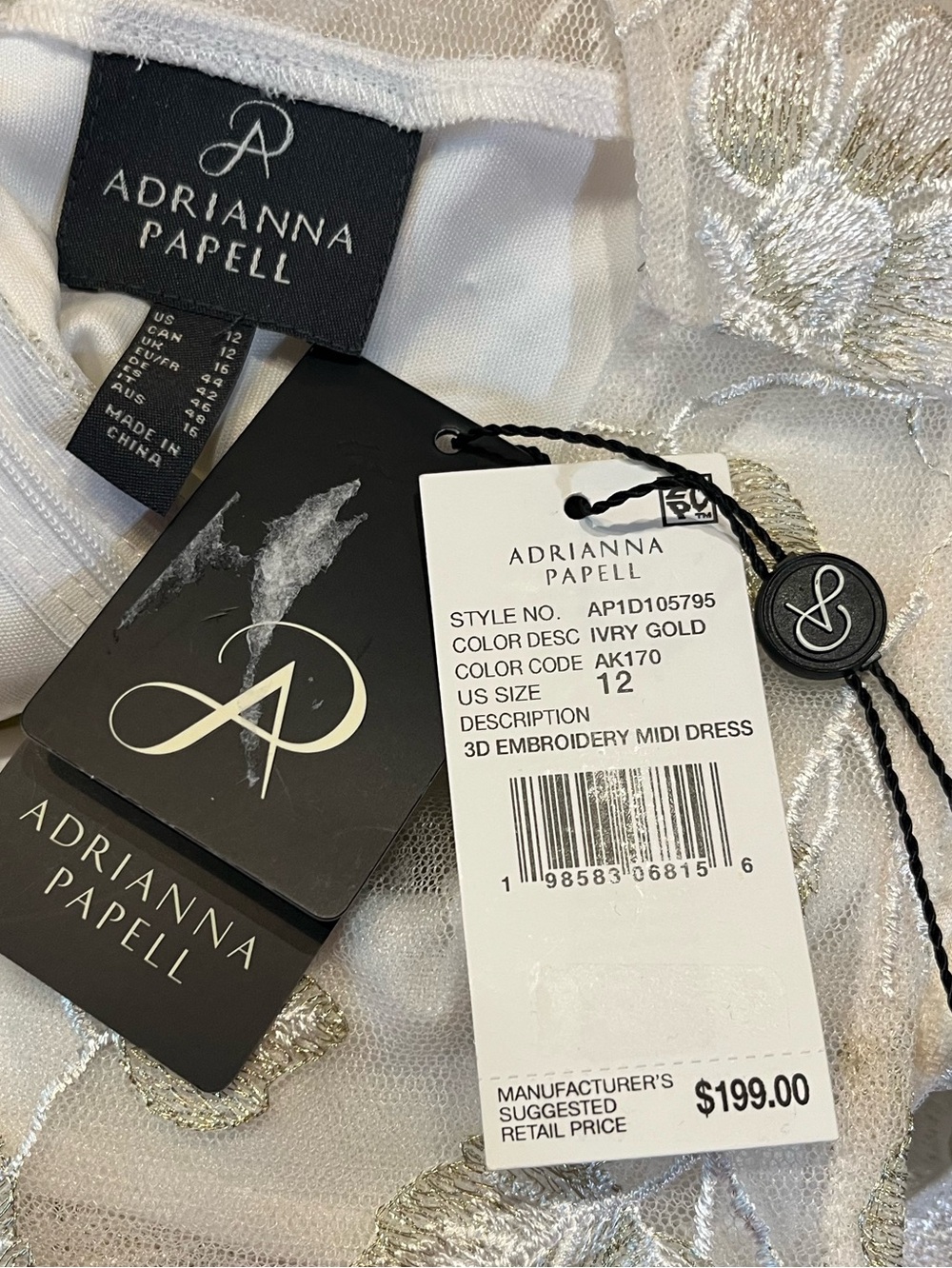 NWT Adrianna Papell Floral Embroidery Fit & Flare Ivory Midi Dress Size 12 - Picture 3 of 7